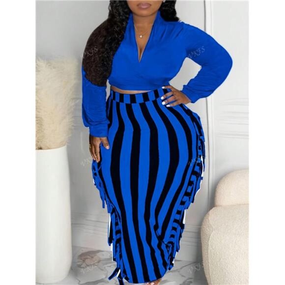 Women's V-Neck Long Sleeve T-Shirt & Contrasting Striped Ruffle Hem Skirt Set - Picture 1 of 4